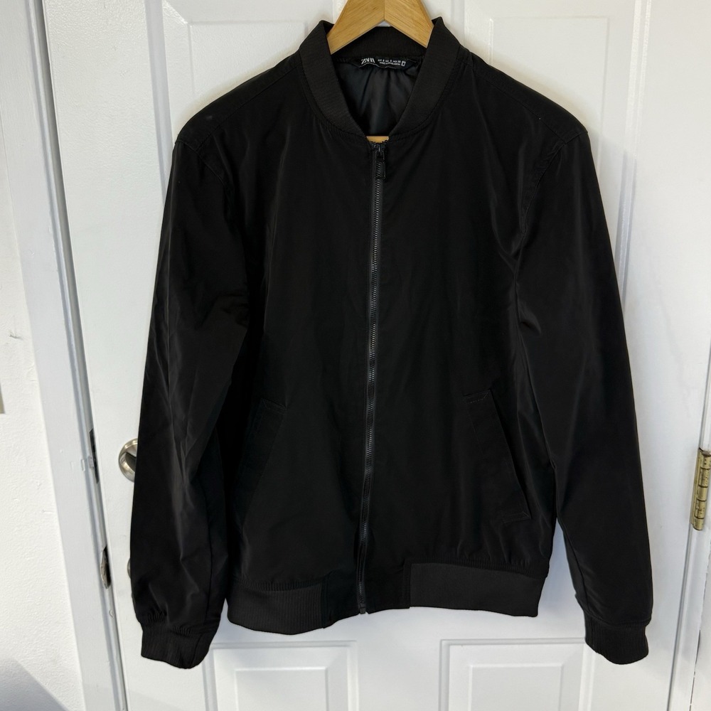 ZARA Black Bomber Nylon Jacket Ribbed Trim Full Zip Lightweight Men's Size Small